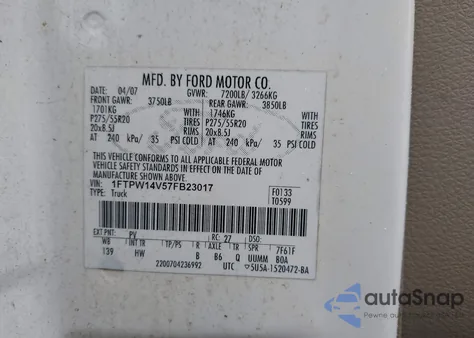 2007 Ford F150 Supercrew z USA, uszkodzony, nr VIN 1FTPW14V57FB23017